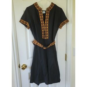 Lorac Original Dress Knit Black Tan Belted Size 12?  Zip Front Short Sleeve VTG